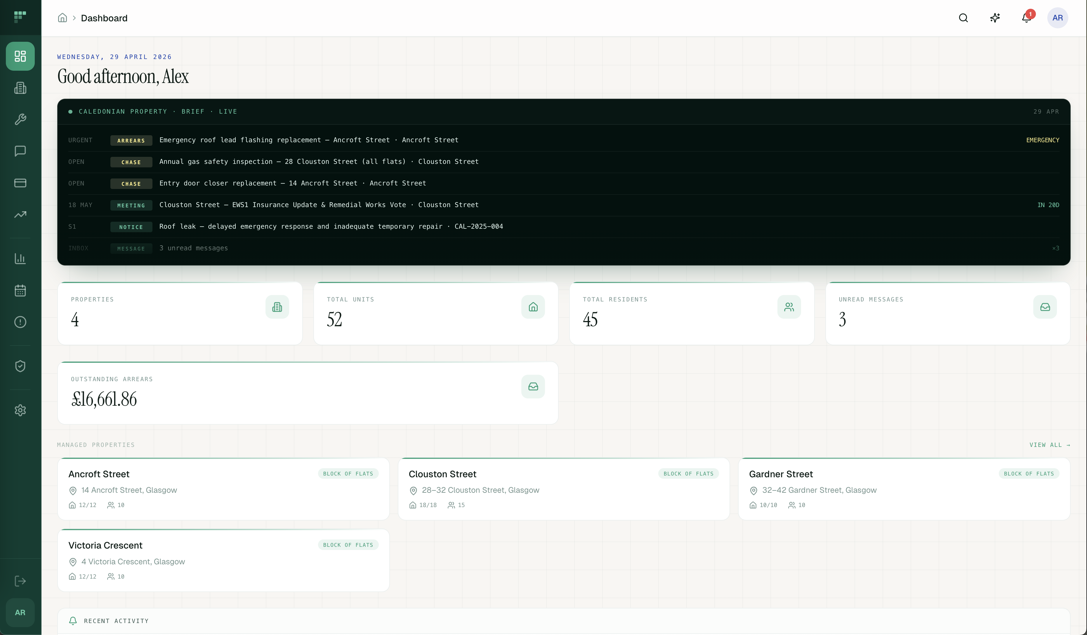Factorly PM dashboard — morning AI digest, arrears summary, and live activity feed