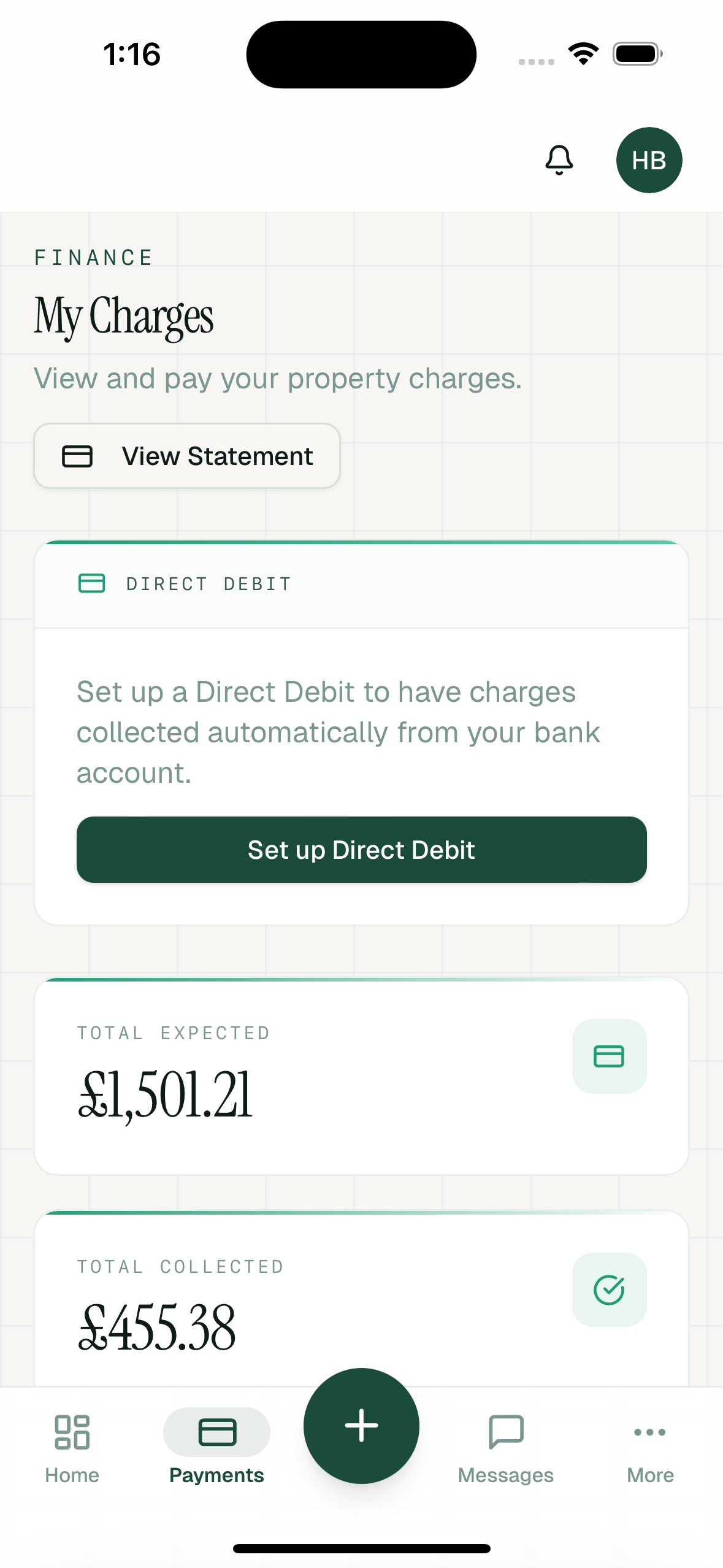 Resident charges view — outstanding and paid service charges with apportionment breakdown
