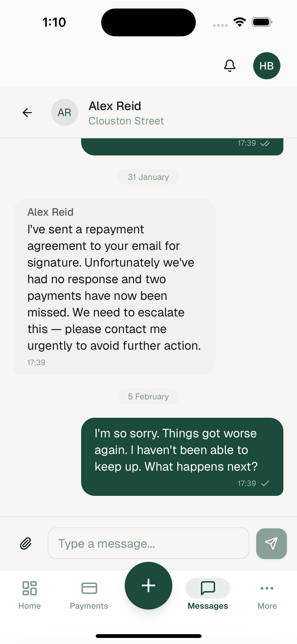 Resident messaging thread — conversation with property manager, timestamps and message input