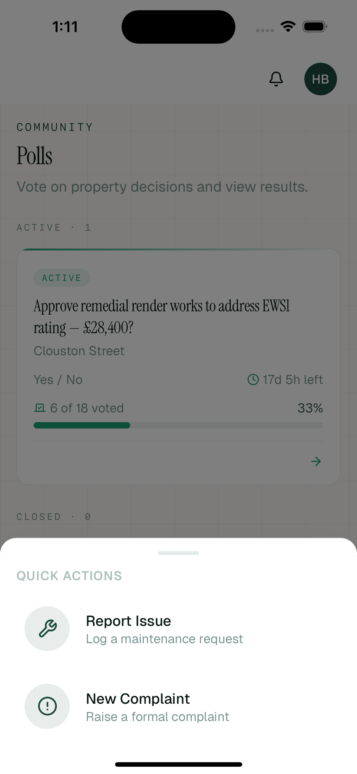 Resident quick actions screen
