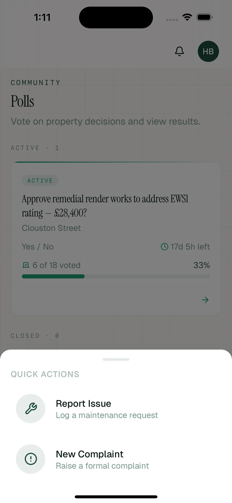 Resident quick actions screen
